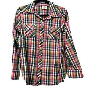 Cowgirl Justice women’s sz L cotton multi plaid chest pockets pearl snap shirt